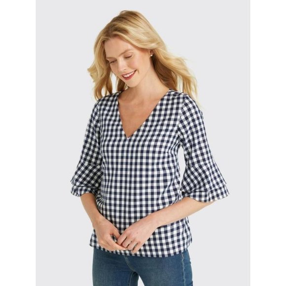 Draper James Tops - Draper James Bell Sleeve Gingham Blue Blouse NWOT
